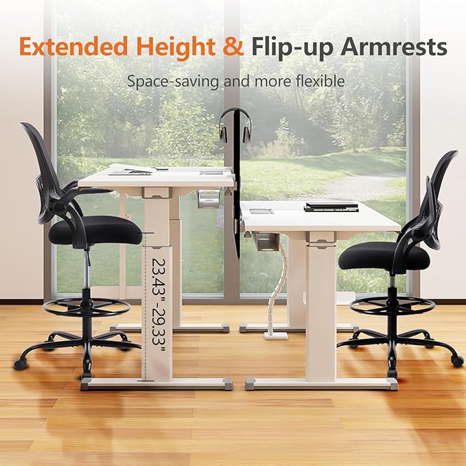 Sweetcrispy Home Office Drafting Desk Chair - Ergonomic High Stool Computer with Adjustable Height and Comfy Lumbar Support, Tall Rolling Task for Standing Desk with Flip-up Arm and Footrest, Black - LeafyLoom