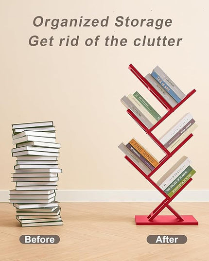 5 Tier Tree Bookshelf, Wisdom Tree Bookshelf, Modern Corner Book Shelfe, Small Bookshelf for Small Spaces, Utility Organizer for CDs/Books/Home Office/Living/Bedroom Room-Red - LeafyLoom