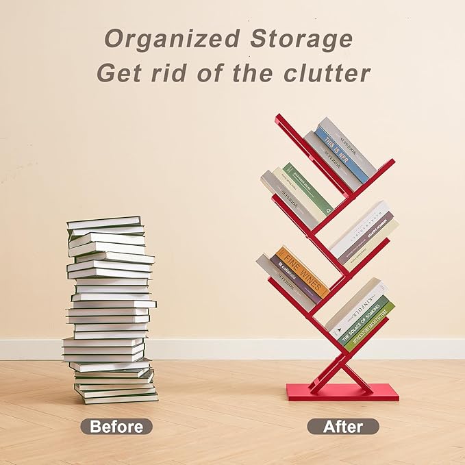 5 Tier Tree Bookshelf, Wisdom Tree Bookshelf, Modern Corner Book Shelfe, Small Bookshelf for Small Spaces, Utility Organizer for CDs/Books/Home Office/Living/Bedroom Room-Red - LeafyLoom