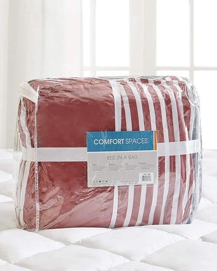 Comfort Spaces Twin Comforter Sets with Sheets - Bed in a Bag 6 Pieces Teen Bedding Sets Twin, Red and Grey Stripes Bedding Twin, College Twin Bed Set with 2 Side Pockets Bedroom Organizer - LeafyLoom
