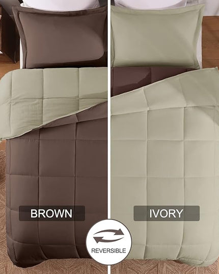 Basic Beyond King Size Comforter Set - Fluffy King Bed Comforter Set for All Seasons - Reversible Bedding King Size Comforter Set - 3 Pieces (1 Comforter + 2 Pillow Shams) - Brown/Ivory - LeafyLoom