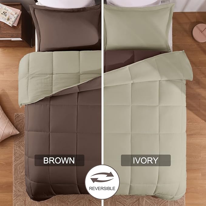 Basic Beyond Twin Comforter Set for Girls and Boys - Fluffy Twin Bed Comforter Set for All Seasons - Reversible Kids Twin Comforter Set - 2 Pieces (1 Comforter + 1 Pillow Sham) - Brown/Ivory - LeafyLoom