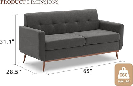 65" Loveseat Sofa, Mid Century Modern Love Seat Couches for Living Room, Comfy Upholstered Sofa Couch for Bedroom(Linen-Dark Grey) - LeafyLoom