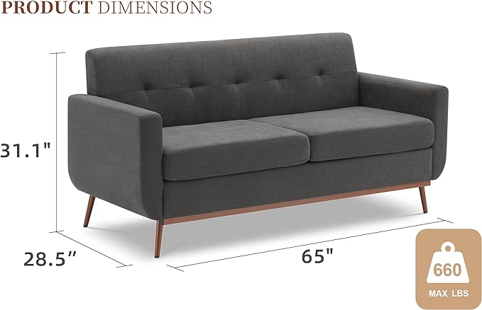 65" Loveseat Sofa, Mid Century Modern Love Seat Couches for Living Room, Comfy Upholstered Sofa Couch for Bedroom(Linen-Dark Grey) - LeafyLoom