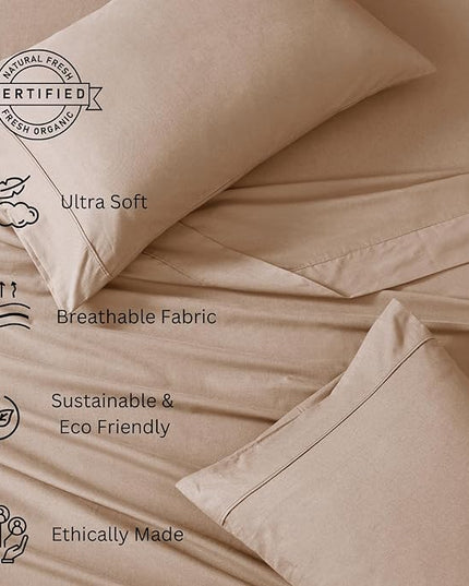 LANE LINEN 100% Organic Cotton Sheets Set Pure Long- Staple Percale Weave - Bedding for Bed Fits Mattress Upto 15" Deep Pocket (Queen Taupe) - LeafyLoom