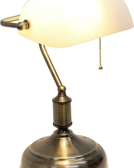 Simple Designs LT3216-WHT Executive Banker's Desk Lamp with Glass Shade, White, Antique Nickel/White, 10 x 8.66 x 14.75 - LeafyLoom