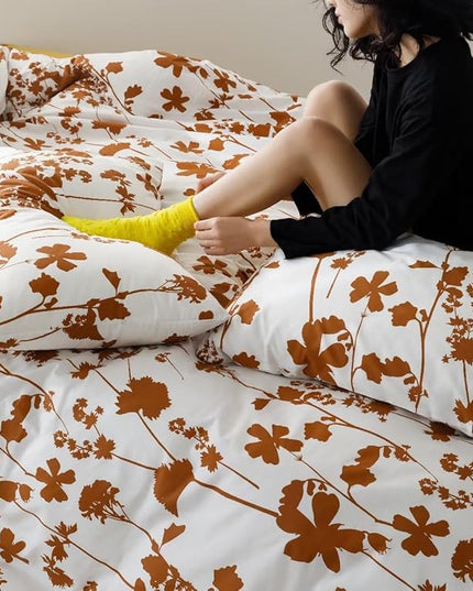 Botanical Comforter Queen White Pumpkin Floral Plant Bedding Comforter Set Girls Garden Pattern Printed on White Blanket Rustic Leaf Blossom Women White Farmhouse Comforter Queen - LeafyLoom