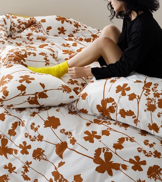 Botanical Comforter Queen White Pumpkin Floral Plant Bedding Comforter Set Girls Garden Pattern Printed on White Blanket Rustic Leaf Blossom Women White Farmhouse Comforter Queen - LeafyLoom