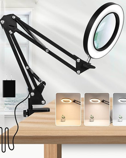 10X Magnifying Glass with Light, Flexible Arm Magnifier Lamp, 3 Color Modes & Stepless Dimming Magnifying Lamp with Clamp, Hands Free Lighted Magnifying Glass for Hobby Craft Workbench-Black - LeafyLoom