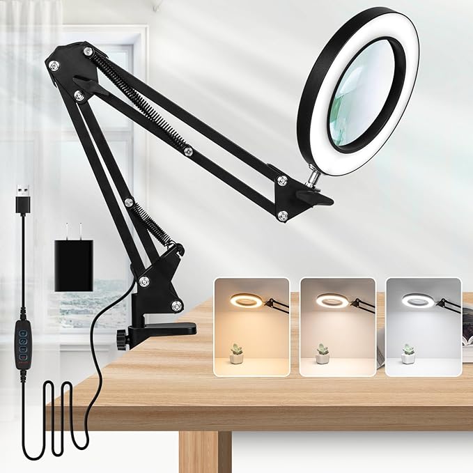10X Magnifying Glass with Light, Flexible Arm Magnifier Lamp, 3 Color Modes & Stepless Dimming Magnifying Lamp with Clamp, Hands Free Lighted Magnifying Glass for Hobby Craft Workbench-Black - LeafyLoom