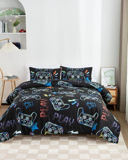 Meeting Story Gamer Gaming Bedding Sets Fluorescence Gamepad Comforter Set for Boys Games Console Action Buttons Novelty Colorful Modern Room Decor Home Quilt Set (Black, Twin) - LeafyLoom