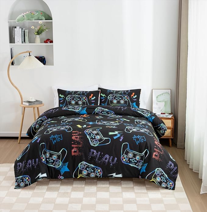 Meeting Story Gamer Gaming Bedding Sets Fluorescence Gamepad Comforter Set for Boys Games Console Action Buttons Novelty Colorful Modern Room Decor Home Quilt Set (Black, Full) - LeafyLoom