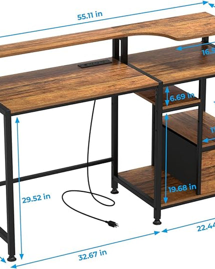 GreenForest 55 inch Computer Desk with Drawers and Outlets, Home Office Desk with Storage and Printer Shelf, Work Desk with Fabric File Drawer, Study Desk with Monitor Stand, Computer Table, Walnut - LeafyLoom