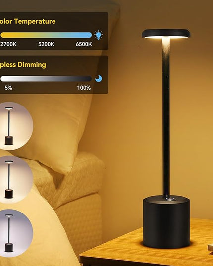 Rechargeable LED Wireless Touch Desk Lamps Set of 2, 5000mAh Battery Operated Lamp, 3 Color Modes with Memory Function and Stepless Dimming Desk Lamp for Restaurant/Bedroom/Terrace (Black) - LeafyLoom