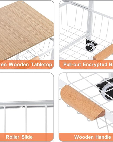 Kitchen Storage Rolling Cart on Wheels, 4 Tier Metal Rolling Utility Cart Mesh Basket Pantry Cart Rack with Wooden Tabletop for Fruit Vegetable Onion Potato Storage, White - LeafyLoom