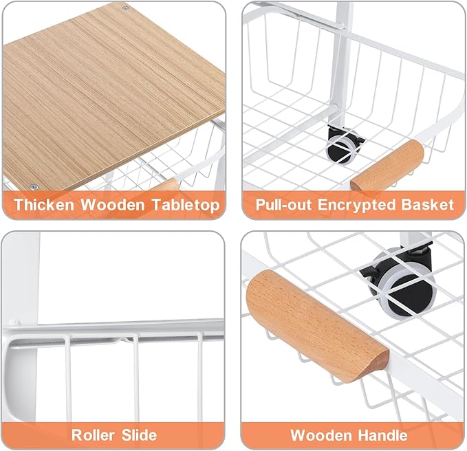 Kitchen Storage Rolling Cart on Wheels, 4 Tier Metal Rolling Utility Cart Mesh Basket Pantry Cart Rack with Wooden Tabletop for Fruit Vegetable Onion Potato Storage, White - LeafyLoom