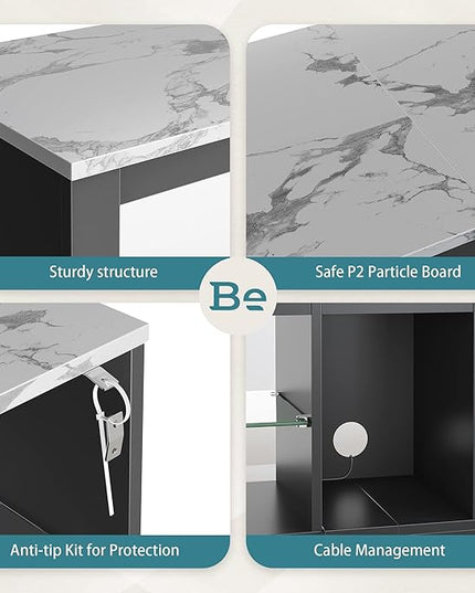 Bestier White Marble TV Stand LED Entertainment Center Gaming TV Stand for 55 Inch TV RGB Television Stand with 2 Adjustable Glass Shelves PS4 Game Console Cabinet for Living Room - LeafyLoom