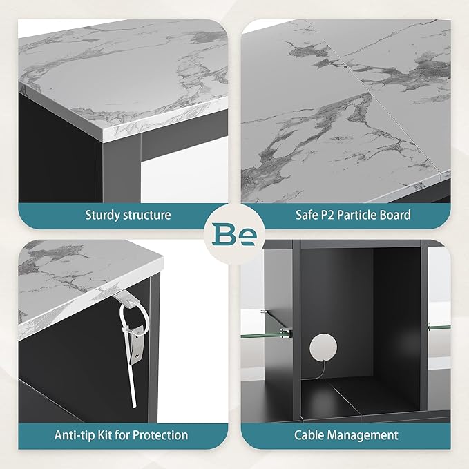 Bestier White Marble TV Stand LED Entertainment Center Gaming TV Stand for 55 Inch TV RGB Television Stand with 2 Adjustable Glass Shelves PS4 Game Console Cabinet for Living Room - LeafyLoom
