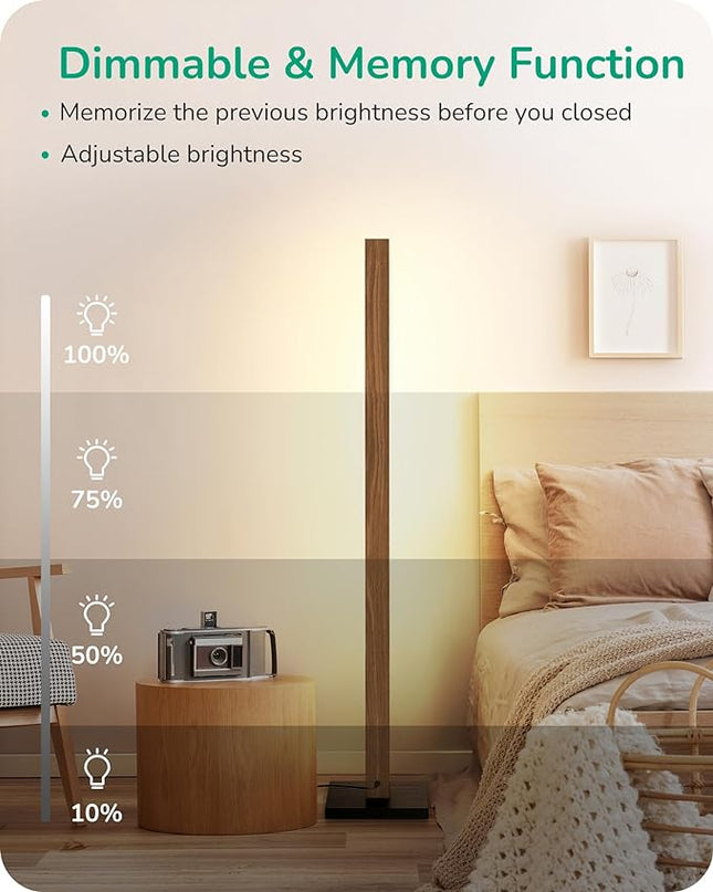EDISHINE Wood LED Corner Floor Lamp, Modern Dimmable Light with Remote, Minimalist Standing Floor Light for Living Room, Bedroom, Office, 7 Color Temperature 2700~6000K, 46" - LeafyLoom