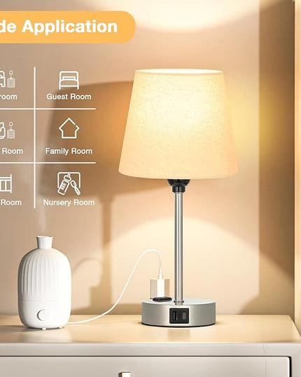 Table Lamps for Bedrooms Set of 2 Bedside - Nightstand Bedroom Lamp with USB C Port and AC Outlet Charging, Dimmable Touch Small End Side Lamp, Beige Night Stand Light for Kid/Guest Room/Living Room - LeafyLoom
