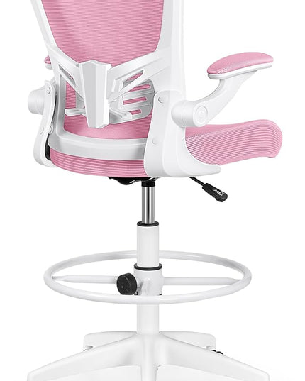 MINLOVE Ergonomic Drafting Office Chair, Tall Office Chair with Flip-up Armrests Executive Ergonomic Computer Standing Desk Chair with Lumbar Support and Adjustable Footrest(Pink) - LeafyLoom