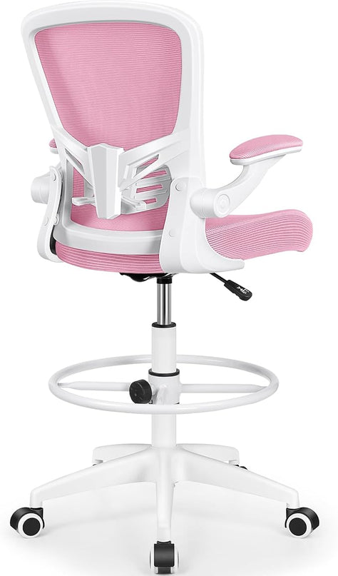 MINLOVE Ergonomic Drafting Office Chair, Tall Office Chair with Flip-up Armrests Executive Ergonomic Computer Standing Desk Chair with Lumbar Support and Adjustable Footrest(Pink) - LeafyLoom