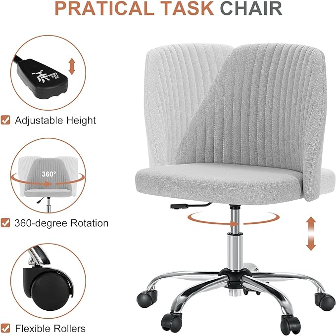 MCQ Office Desk Chair, Modern Cute Rolling Vanity Swivel Task Chairs with Wheels, Comfortable Back Seat Armless for Home, Bedrooms, Office, Study, Student, Adults, Make-up, Dressing Room, Cloud - LeafyLoom