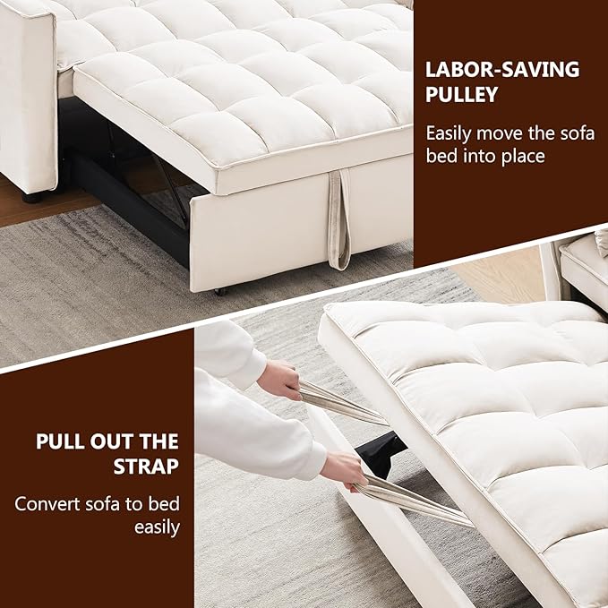 3 in 1 Loveseat Sofa Bed, Pull Out Couch Sleeper with Storage, Full Size Velvet Convertible Chair with 2 Pockets & 2 Pillows for Living Room, White - LeafyLoom