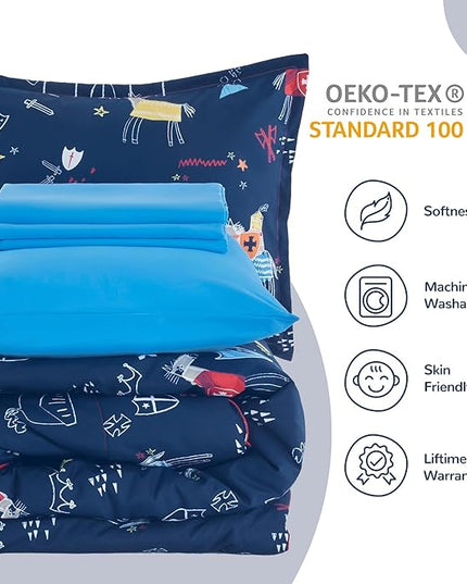 SLEEP ZONE 7 Pieces Kids Comforter Bed in A Bag, Soft Lightweight, Fluffy & Durable Children Bed Set with Comforter, Sheet, Pillowcase & Sham (Knight‘s Tale, Full/Queen) - LeafyLoom