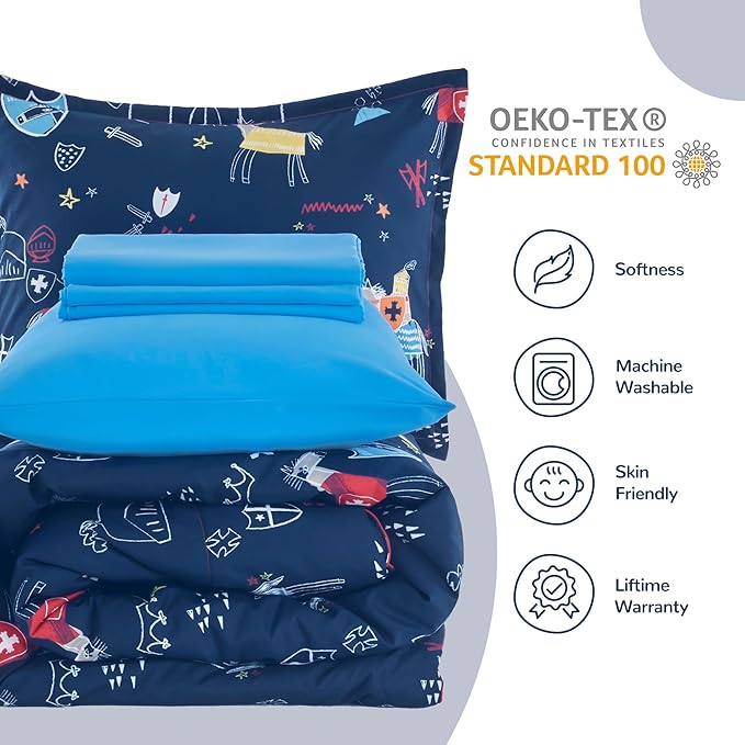 SLEEP ZONE Kids Twin Size Bedding Comforter Set 5 Pieces Breathable All Season Use for Boys (Knight‘s Tale, Twin) - LeafyLoom