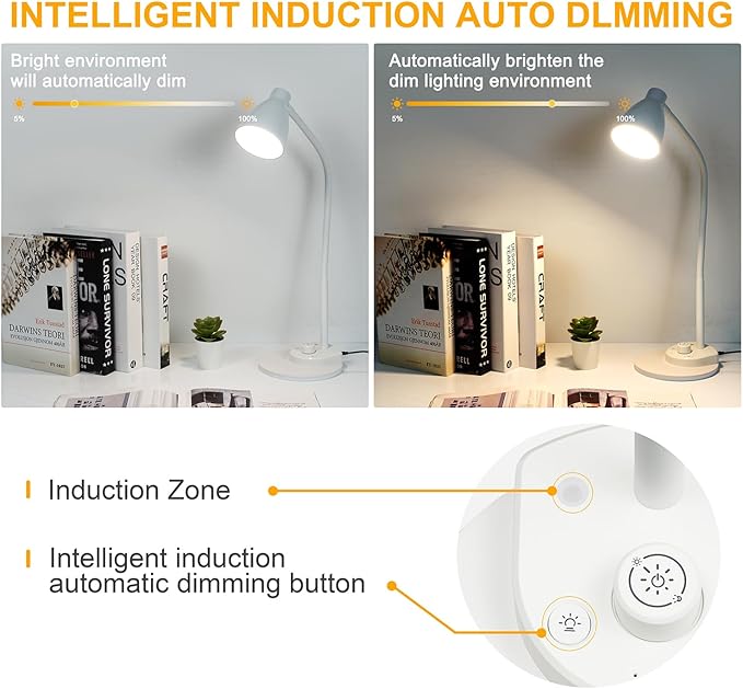 BOHON LED Desk Lamp with USB Charging Port, 3 Color Modes Dimmable Reading Lamp, Auto Dimming Task Lamp, Flexible Gooseneck Table Light for Dorm Bedside, Adapter Include, White - LeafyLoom