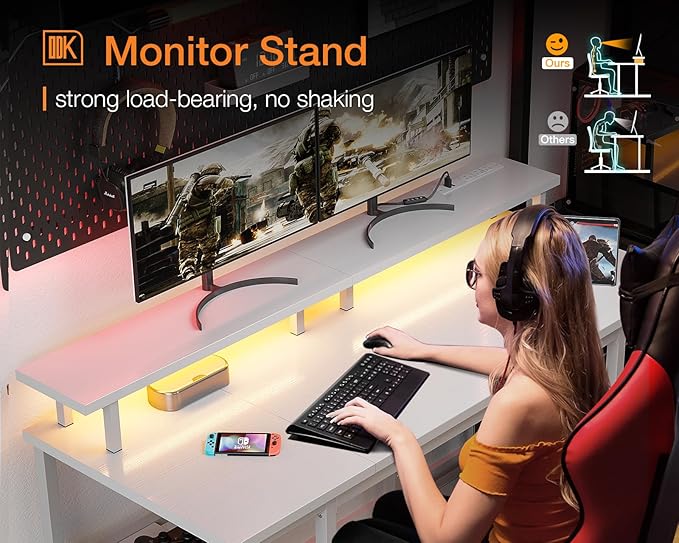 ODK 48 inch Gaming Desk with LED Lights & Power Outlets, Computer Desk with Monitor Stand & Storage Sheves, CPU Stand, Home Office Desk, White - LeafyLoom