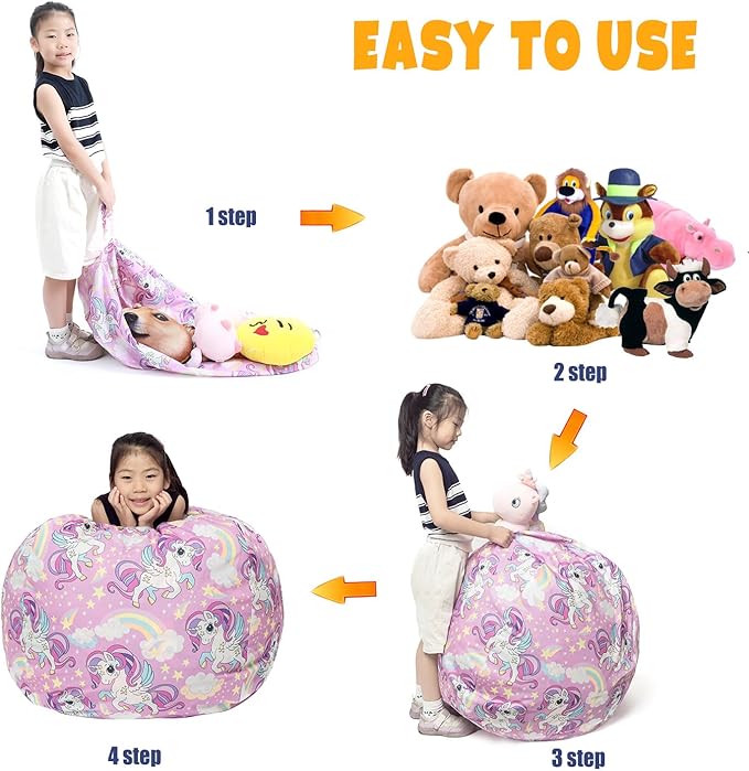 Stuffed Animal Storage Bean Bag Chair Cover, Hold Kids Plush Toys Blankets Towels Beanbag (Cover Only), Canvas Floor Circle Stuff Sit Seat Sofa with YKK Zipper, Extra Large 38", Unicorn - LeafyLoom