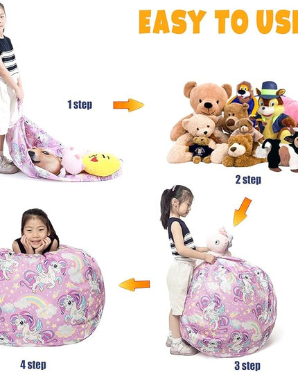 Stuffed Animal Storage Bean Bag Chair Cover, Hold Kids Plush Toys Blankets Towels Beanbag (Cover Only), Canvas Floor Circle Stuff Sit Seat Sofa with YKK Zipper, Large 32", Unicorn - LeafyLoom