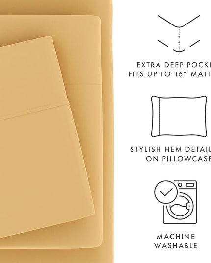Linen Market Bed Sheets for Queen Size Bed (Gold) - Sleep Better Than Ever with These Soft and Cooling Queen Sheets - Deep Pocket Fits 16" Thick Beds - 4 Piece Queen Sheet Set - LeafyLoom
