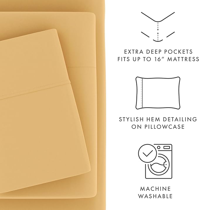 Linen Market Bed Sheets for Queen Size Bed (Gold) - Sleep Better Than Ever with These Soft and Cooling Queen Sheets - Deep Pocket Fits 16" Thick Beds - 4 Piece Queen Sheet Set - LeafyLoom