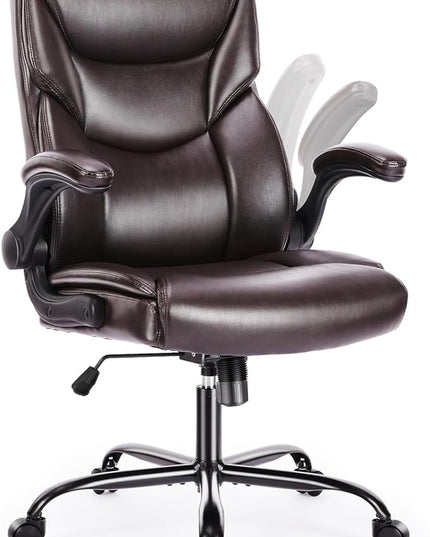 Office Chair - Ergonomic Executive Computer Desk Chairs with Adjustable Flip-up Armrest, Swivel Task Chair with Lumbar Support, Strong Metal Base, PU Leather, Brown - LeafyLoom