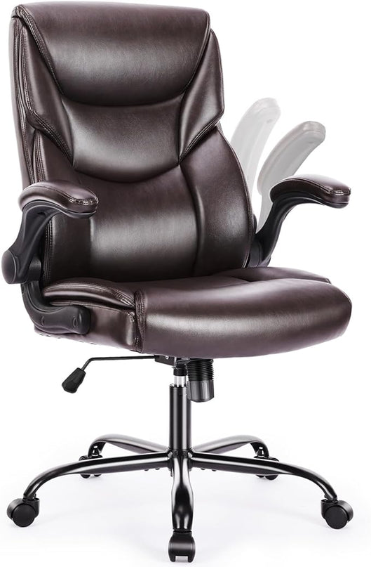 Office Chair - Ergonomic Executive Computer Desk Chairs with Adjustable Flip-up Armrest, Swivel Task Chair with Lumbar Support, Strong Metal Base, PU Leather, Brown - LeafyLoom