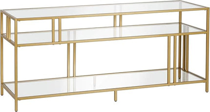 Henn&Hart Rectangular TV Stand with Glass Shelves for TV's up to 60" in Brass, TV Stands for the Living Room - LeafyLoom