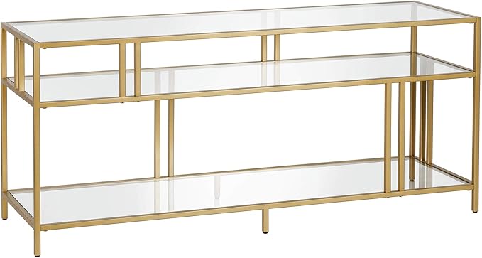 Henn&Hart Rectangular TV Stand with Glass Shelves for TV's up to 60" in Brass, TV Stands for the Living Room - LeafyLoom