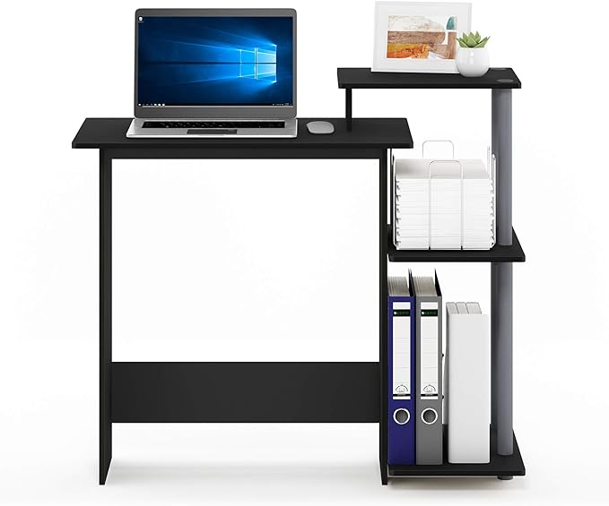 Furinno Efficient Home Laptop Notebook Computer Desk with Square Shelves, Solid Black/Grey - LeafyLoom