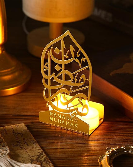 Eid Crafts Night Light 3D Metal Ramadan Eid Mubarak Ornaments Ramadan Decorations Ramadan Table Decor Ramadan Mubarak Light with 2 LED Candles for Home Eid Party Supplies (Vintage) - LeafyLoom