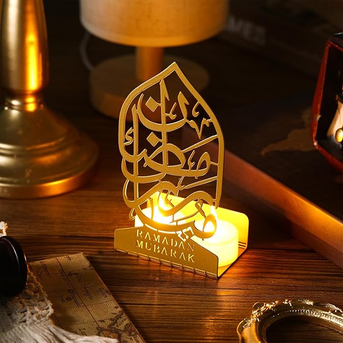 Eid Crafts Night Light 3D Metal Ramadan Eid Mubarak Ornaments Ramadan Decorations Ramadan Table Decor Ramadan Mubarak Light with 2 LED Candles for Home Eid Party Supplies (Vintage) - LeafyLoom
