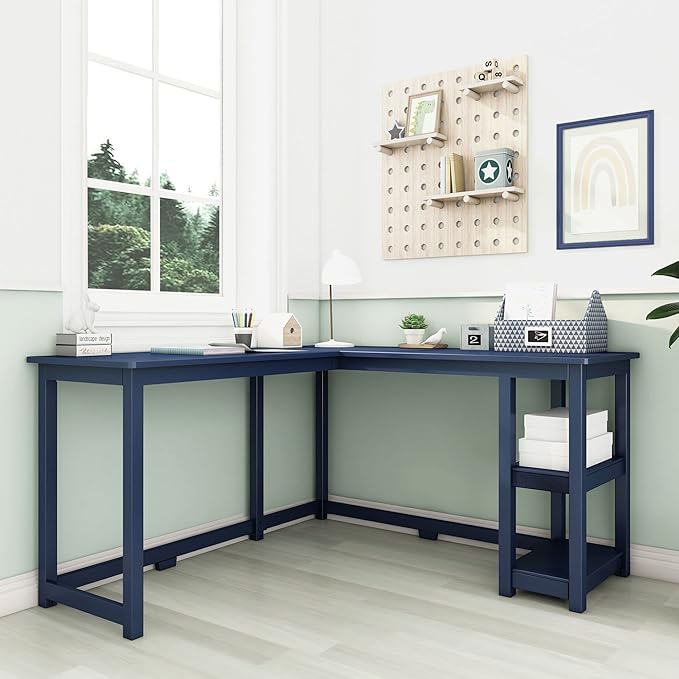 Max & Lily Solid Wood Corner Desk, 55 x 55 Inches, Blue - LeafyLoom
