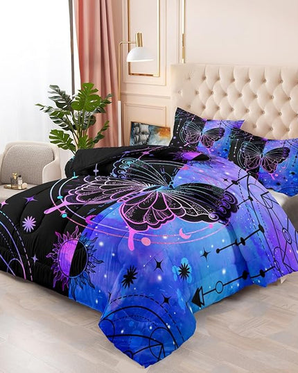 Butterfly Comforter - Butterfly Bed Set - Boho Butterfly Sun and Moon Printed Bedding Sets, Queen Size Comforter Set for Girls, Black Blue Butterfly Comforter Set Queen with 2 Pillowcases - LeafyLoom