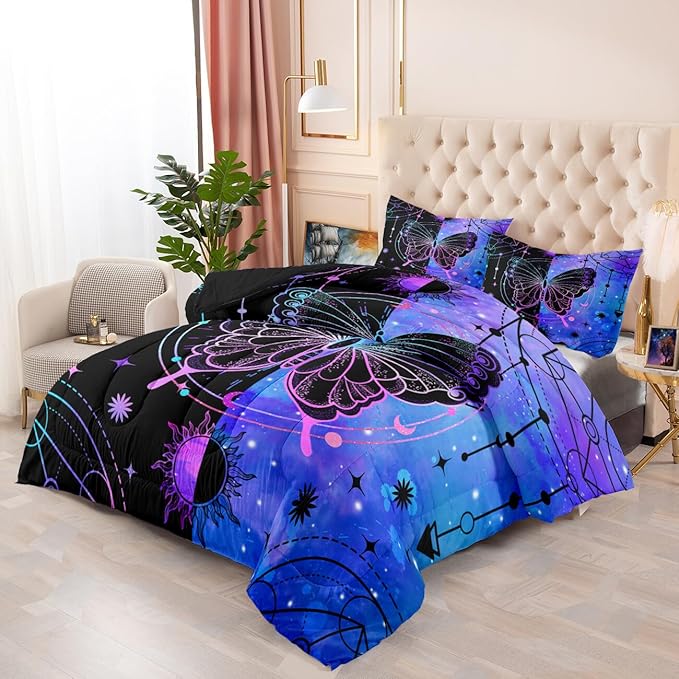 Butterfly Comforter - Butterfly Bed Set - Boho Butterfly Sun and Moon Printed Bedding Sets, Queen Size Comforter Set for Girls, Black Blue Butterfly Comforter Set Queen with 2 Pillowcases - LeafyLoom