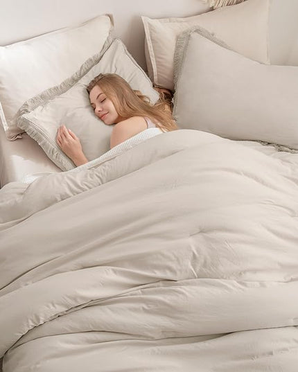 Andency Oatmeal Comforter Set Full Size, 3 Pieces Boho Tassel Lightweight Bedding Comforter Sets, All Season Soft Fluffy Fringe Bed Set (79x90In Comforter & 2 Pillowcases) - LeafyLoom