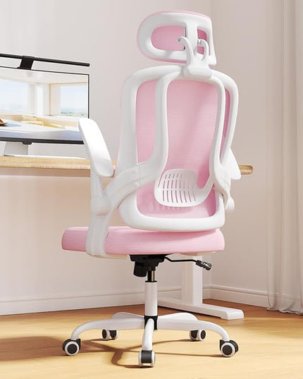 Ergonomic Mesh Office Chair, High Back Home Desk Chair with Flip-up 3D Armrests, Lumbar Support, Adjustable Headrest, Swivel Computer Task Chair for Home, Office, Work, Student, Pink - LeafyLoom