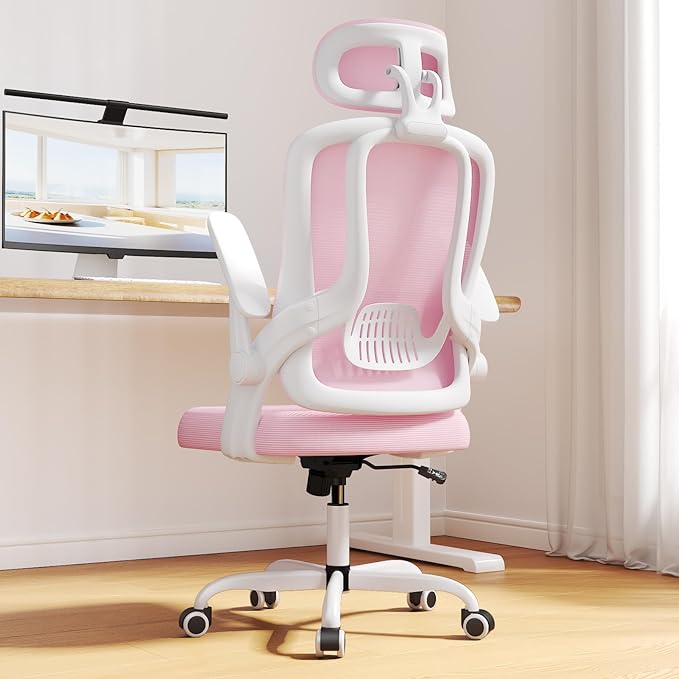 Ergonomic Mesh Office Chair, High Back Home Desk Chair with Flip-up 3D Armrests, Lumbar Support, Adjustable Headrest, Swivel Computer Task Chair for Home, Office, Work, Student, Pink - LeafyLoom