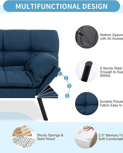 MUUEGM Futon Sofa Bed,Memory Foam Sofa Futon Couch Bed,Convertible 71" Couch Sofa,Faux Leather Sleeper Sofa with Adjustable Backrest for Living Room,Blue - LeafyLoom